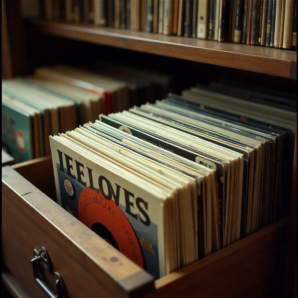 Vinyl record collection arranged on shelf